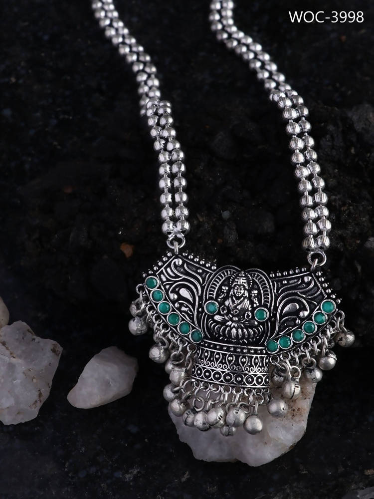 Mominos Fashion Johar Kamal Oxidised Laxmi Mata With Green Stones Long Necklace