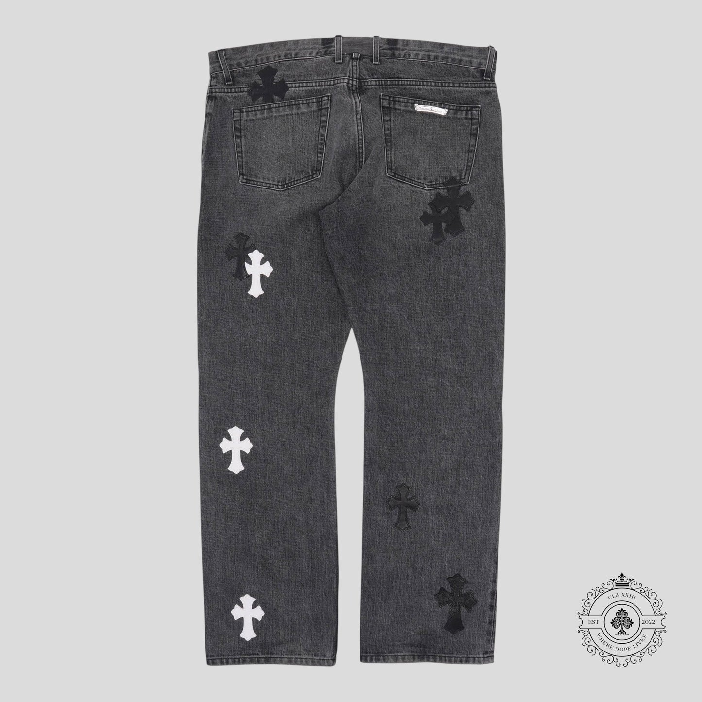 Chrome Hearts Fleur Knee Cross Patch Jeans in Black / White