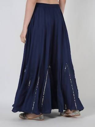 Mominos Fashion Navy Blue Viscose Rayon Flared Palazzo with Mirror Lace Work