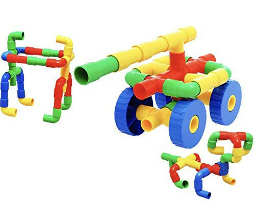 Kipa 150 Pieces Pipe Puzzle with Storage Container, Educational & Intellectual Playing Model Construction Blocks with Rolling Wheelbase