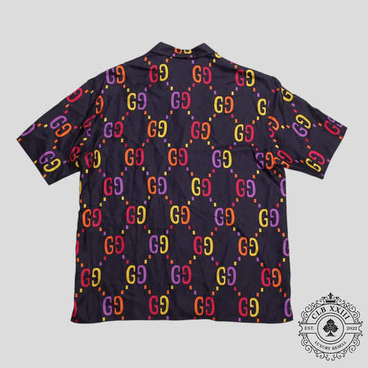 Gucci Jumbo GG Silk Button Up Shirt in Navy Blue/Multicolor