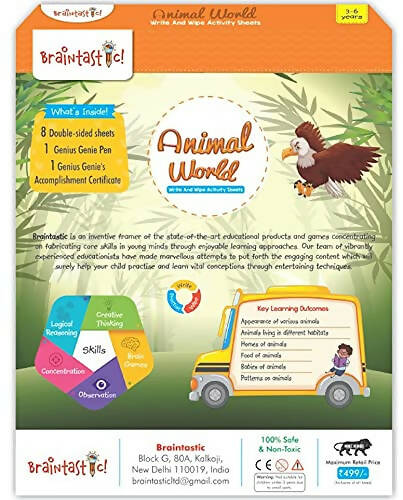 Braintastic Educational Game (3-6 yrs):Animal World / Kids Toys/Write & Wipe Activity Sheets/ Free 12 pc Puzzles