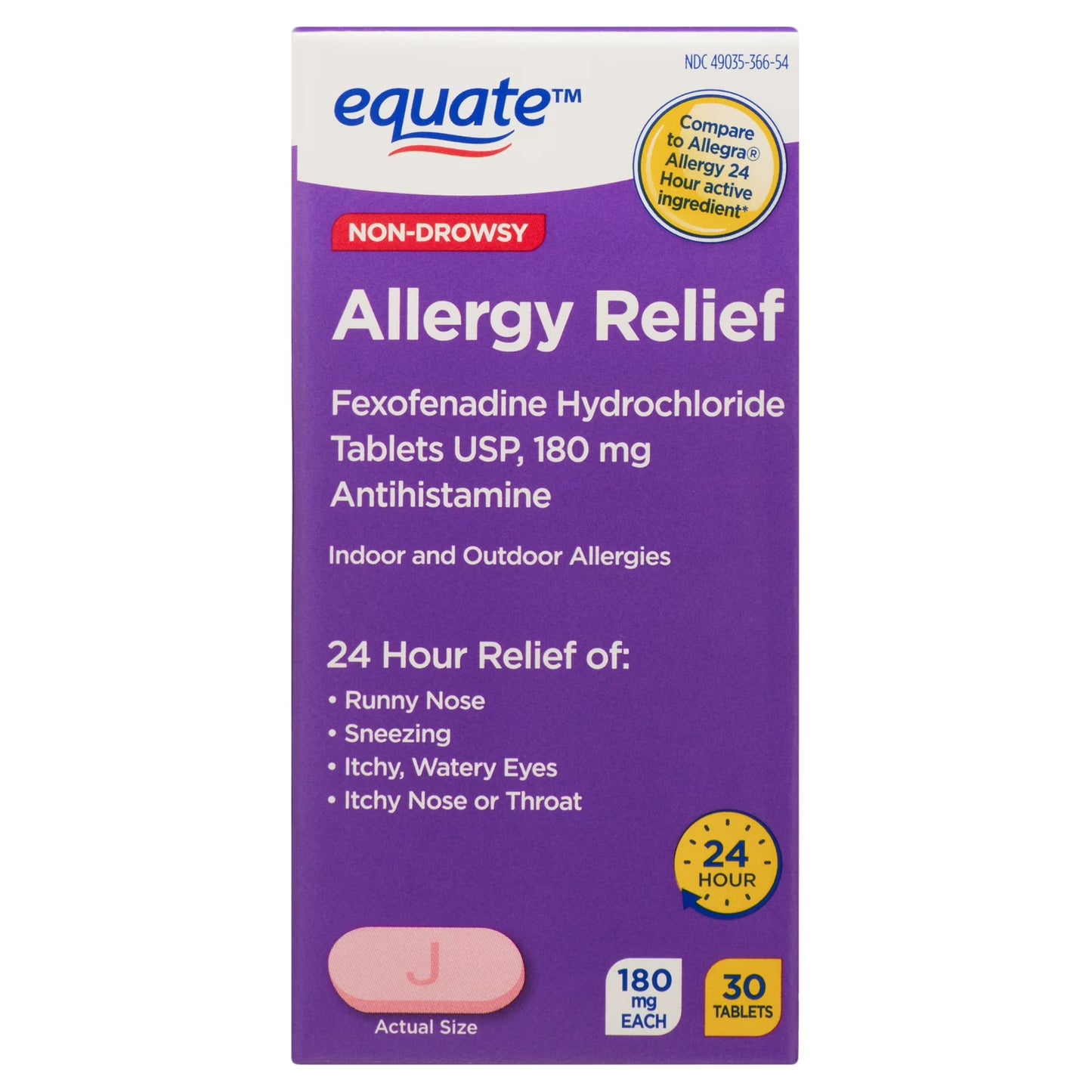 Fexofenadine Hydrochloride 180 mg - 24-Hour Non-Drowsy Allergy Relief, 30 Tablets