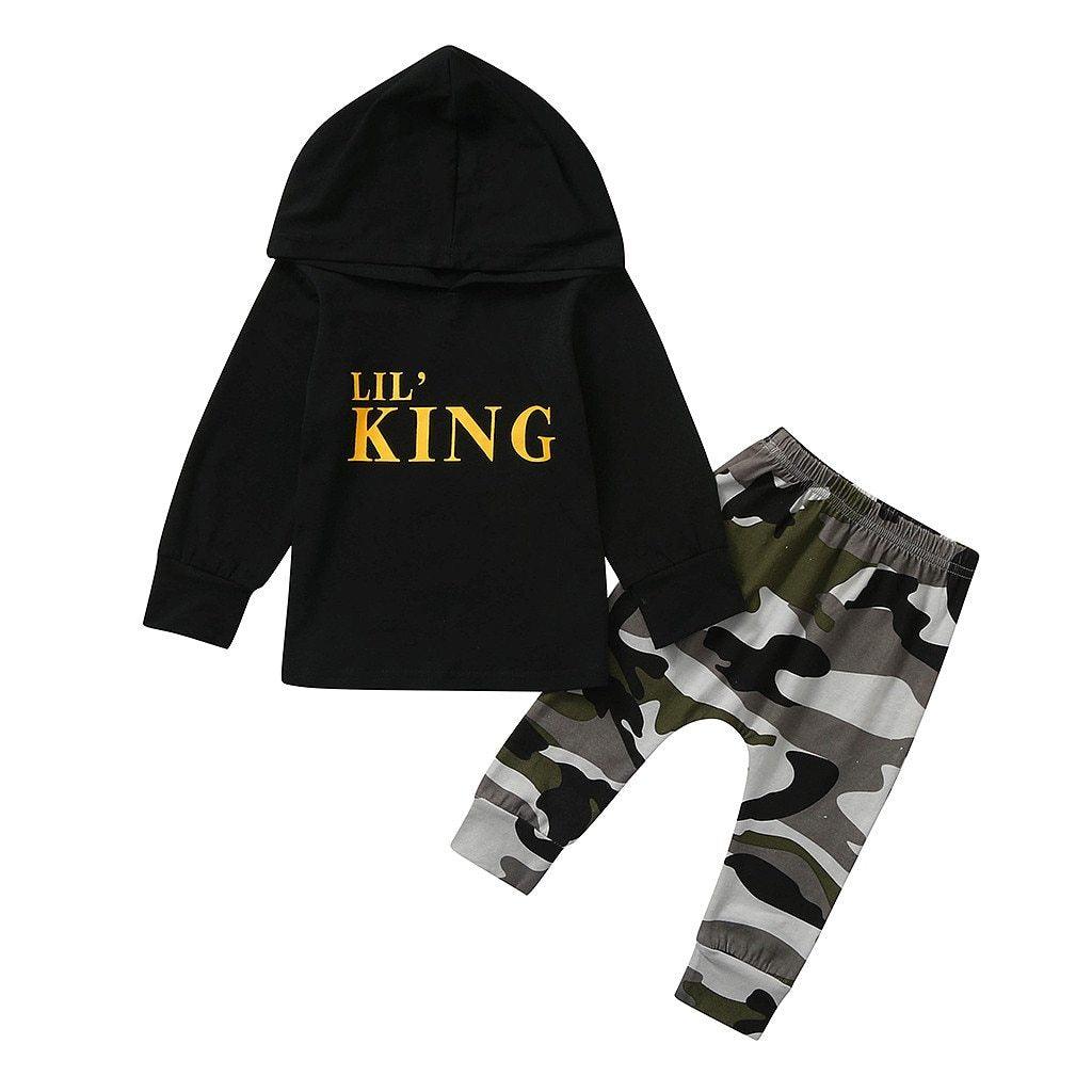 Baby Boy Letter Hoodie T-Shirt Tops and Camo Pants Outfits In Modern New Printed Style For Kids
