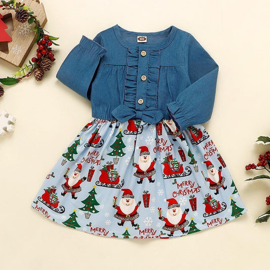 Baby Girls Print Christmas Santa Dress Princess Outfits Long Sleeve Fashion Unique Design Perfect Gift