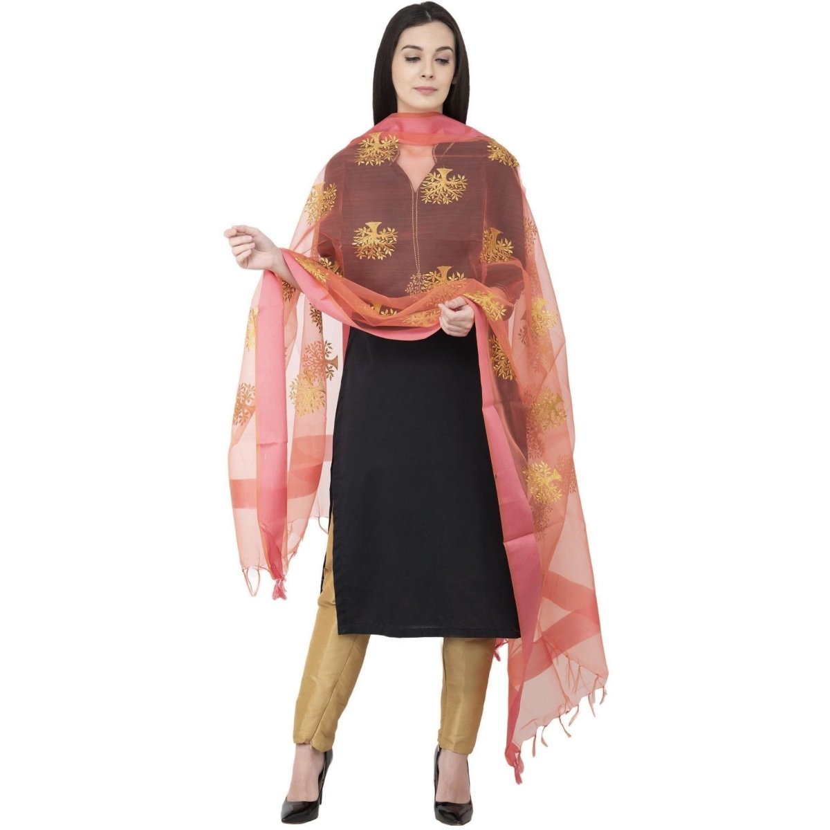 A R Silk Tissue Zari Embroidery Golden Zari Embroidery Peach Color Dupatta or Chunni