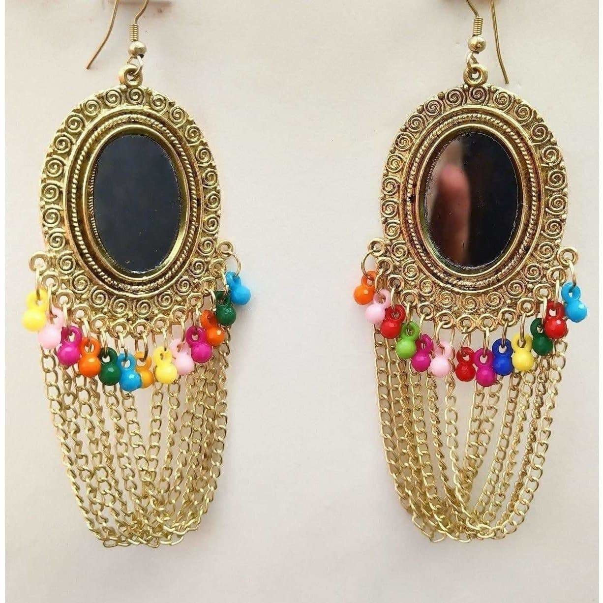 MS Fashion India Fancy Gold-Polished Mirror Traditional Chains Wedding Wear Earrings