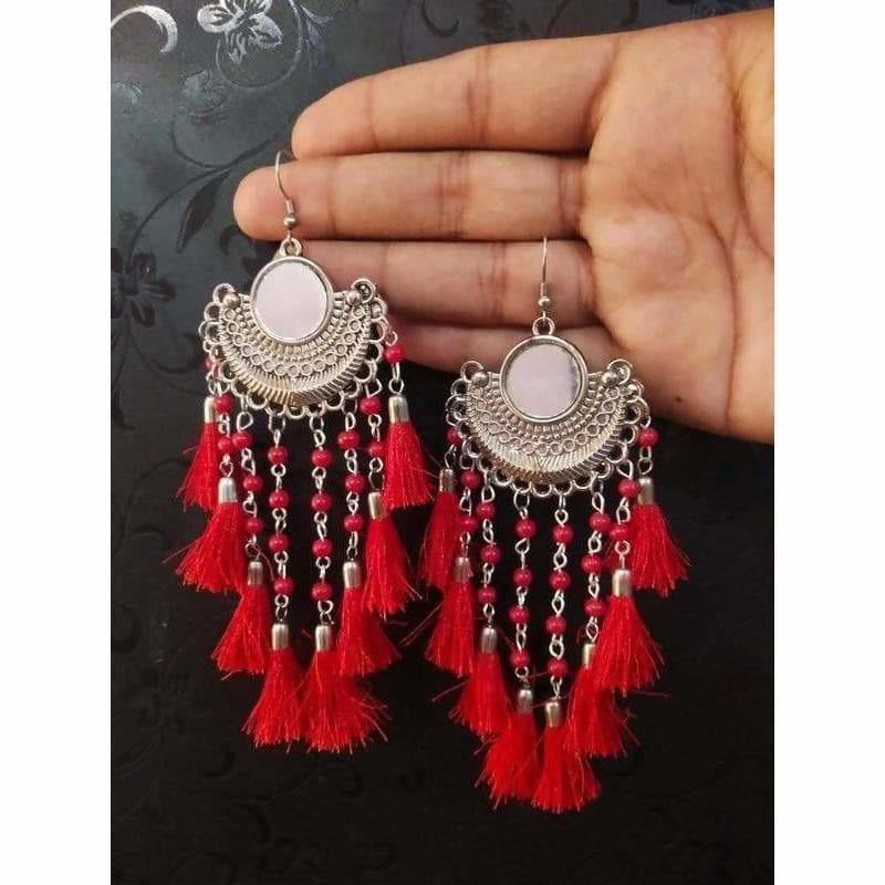MS Fashion India Half Moon Maroon Silk Threads With Pearl Chain Chandbali Earrings