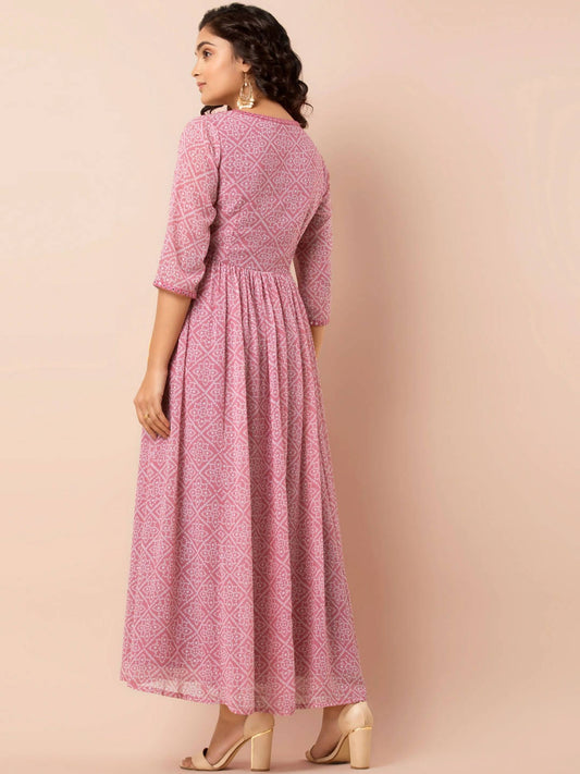 Indya Pink & White Printed Ethnic Maxi Dress