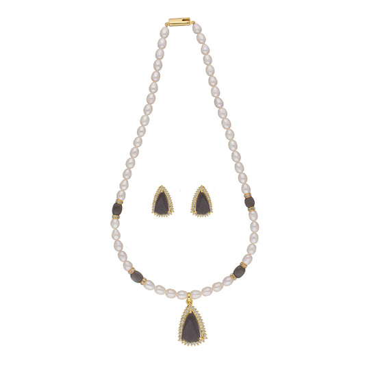 J Pearls Riya 1 Line Oval Pearl Set - Real Pearl Jewelry