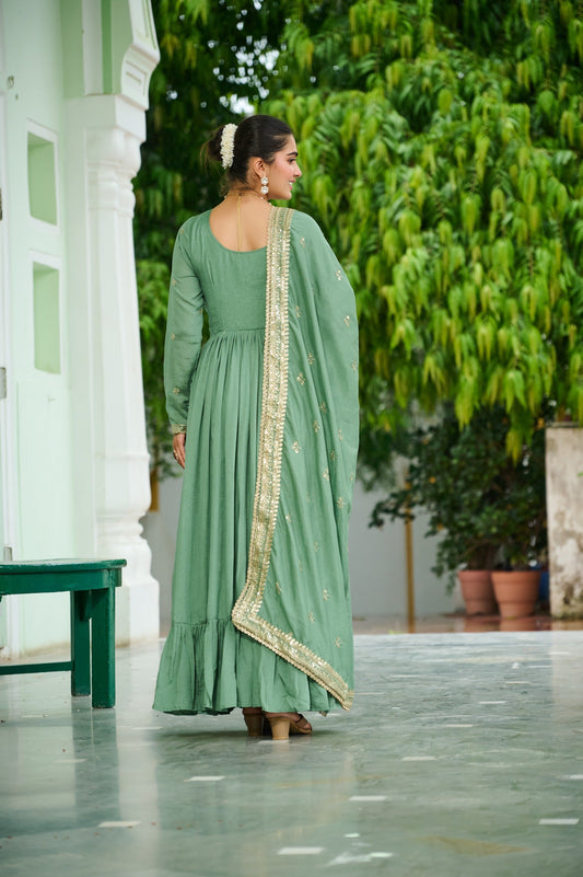 Evanik Designer Vichitra Silk with Rich Embroidered Zari & Thread Work Gown Dupatta
