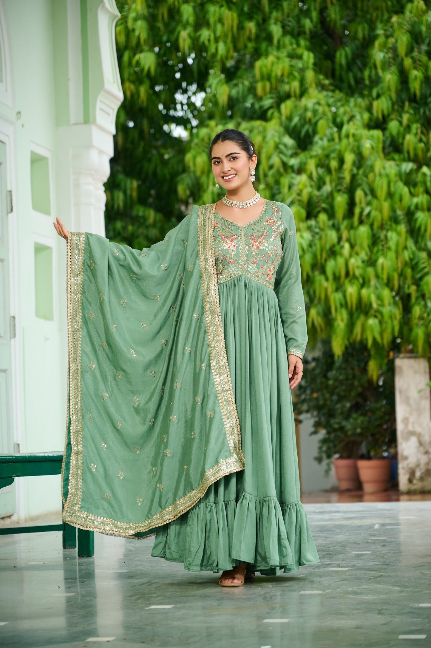 Evanik Designer Vichitra Silk with Rich Embroidered Zari & Thread Work Gown Dupatta