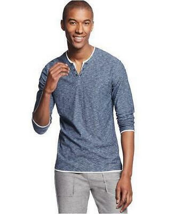 INC International Concepts Mens Long-Sleeve Split-Neck T-Shirt, Blue, SZ XXXL