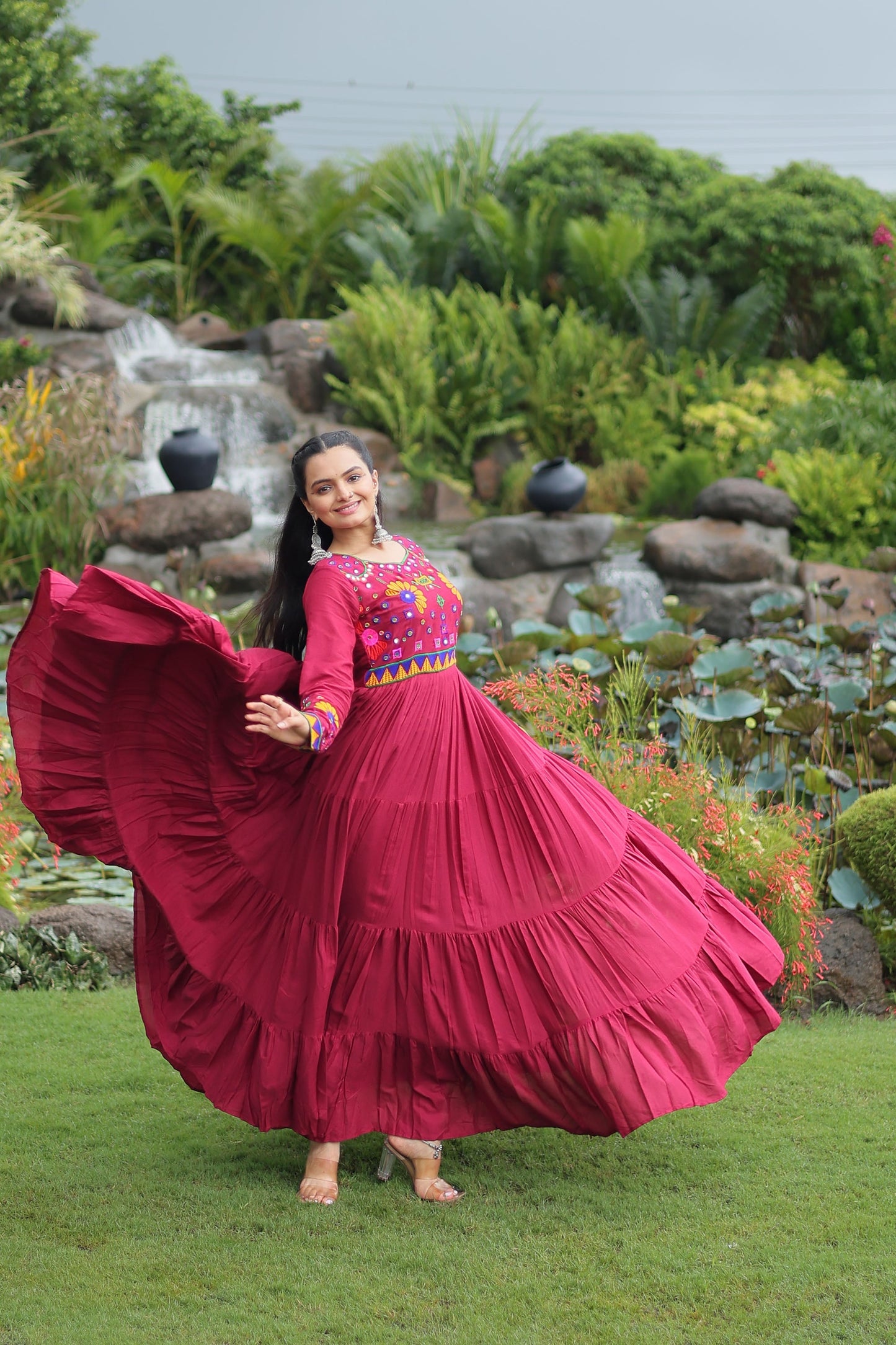 Lorenvalley Fashion Maroon Rayon Kutchi Gamthi Work Gown