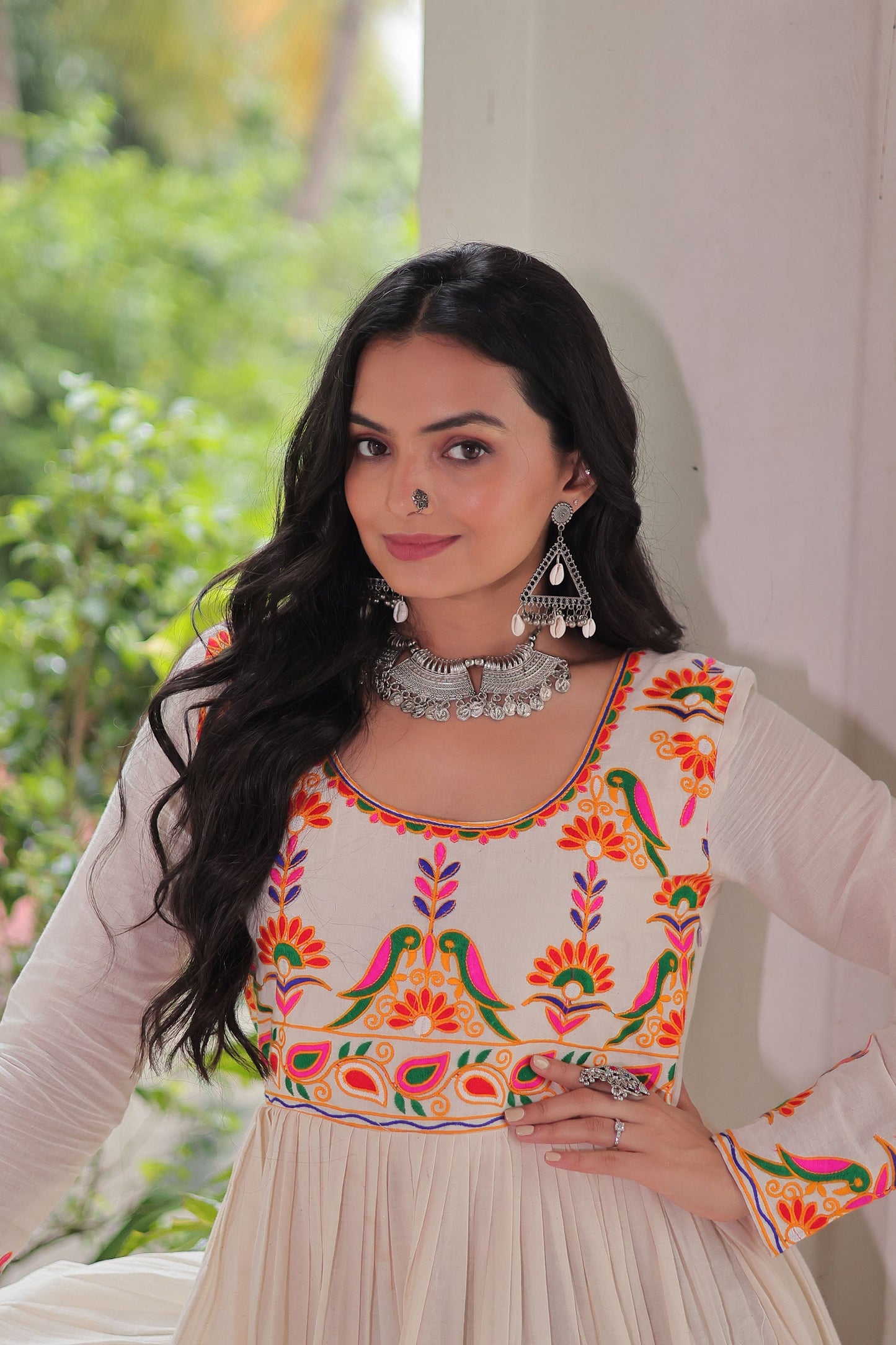 Lorenvalley Fashion Offwhite Kora Cotton with Multi Thread Embroidered & Gota patti Work Gown