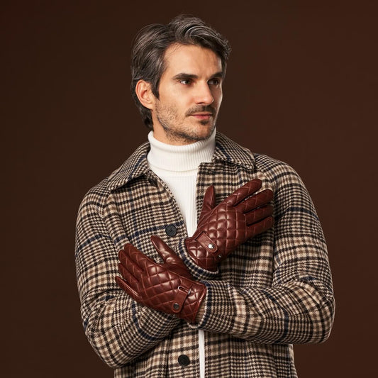 Luca (brown) - Italian lambskin leather gloves with cashmere lining and checkered pattern