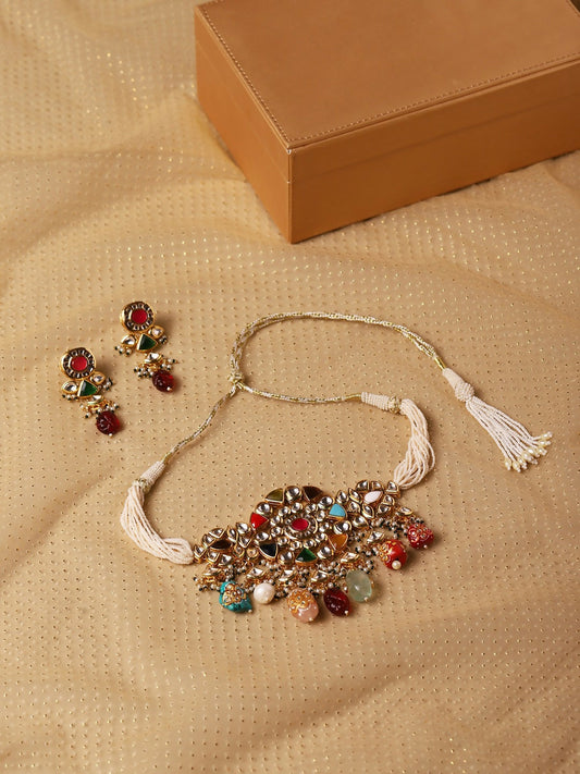 Maharani Multi Kundan Choker with Earrings- Ruby Raang