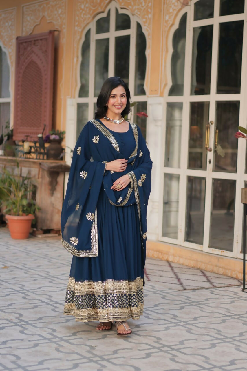 Vastranavya Premium Designer Faux Blooming with Embroidery Zari Sequins work Gown - Teal