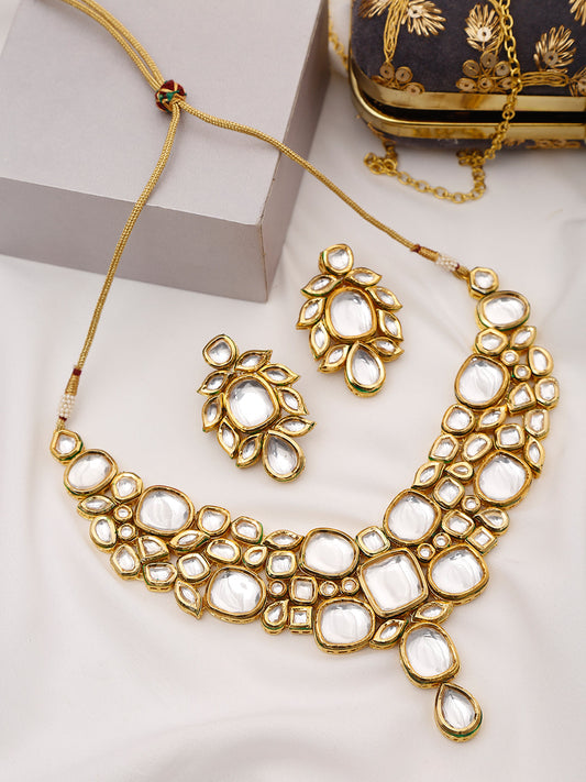 Gold-Toned Kundan Necklace With Earrings - Ruby Raang