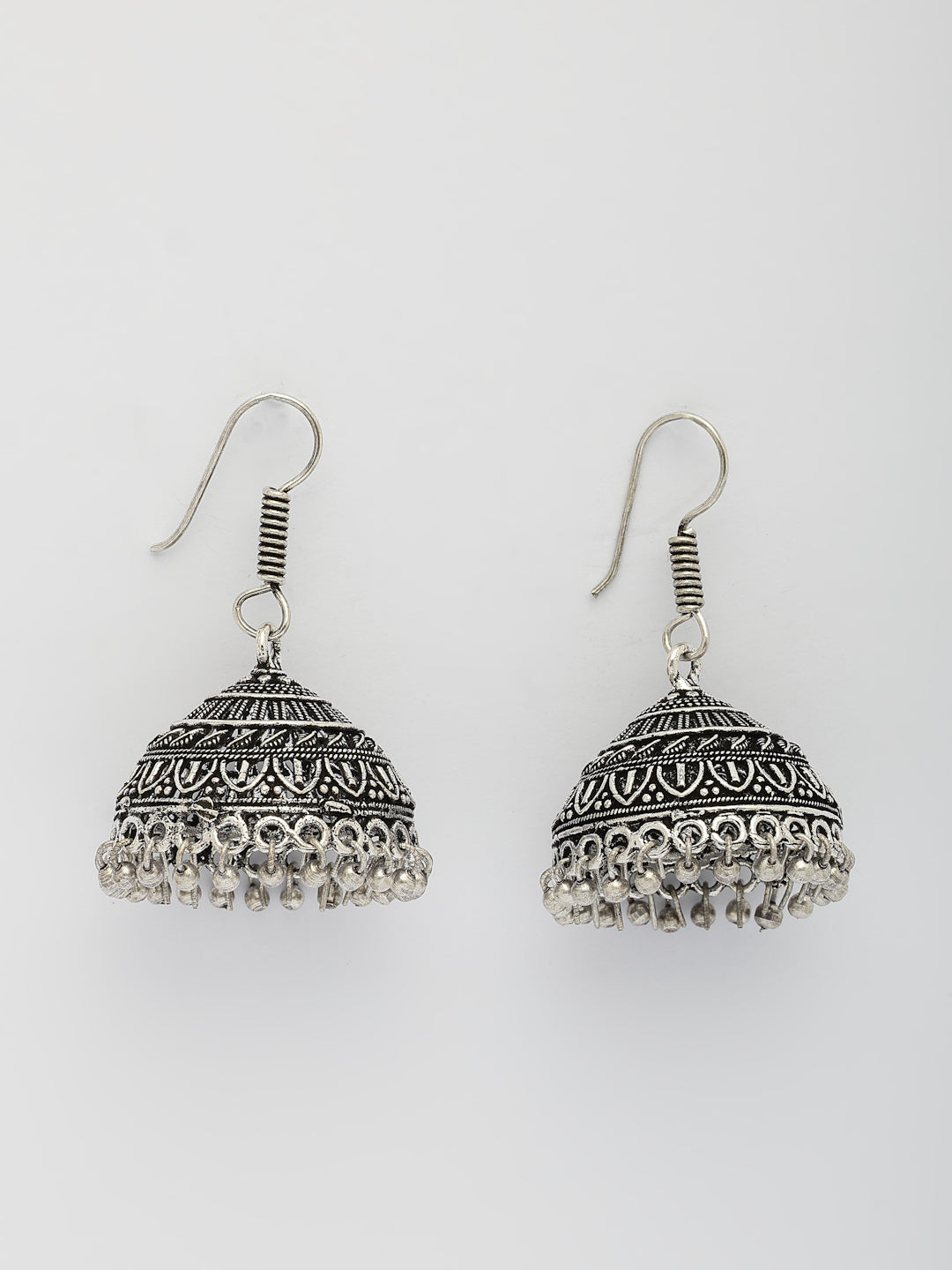 NVR Women's Set of 3 Traditional Silver Plated Oxidized Jhumka Earrings