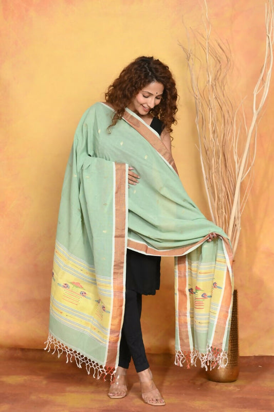 Very Much Indian Handloom Pure Cotton Paithani Dupatta - Sea Green