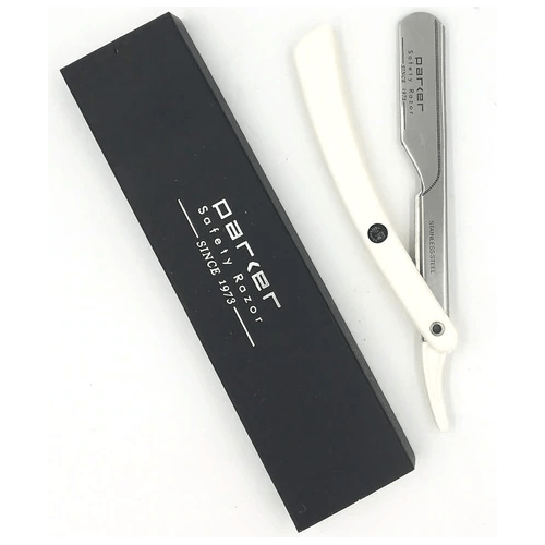 Parker PTW Push Type White Handle Straight Barber Razor