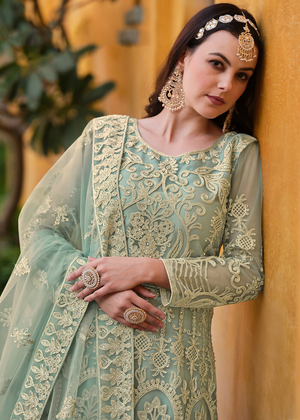Light Green Pure Butterfly Net Wedding Wear Anarkali Suit - Emponline