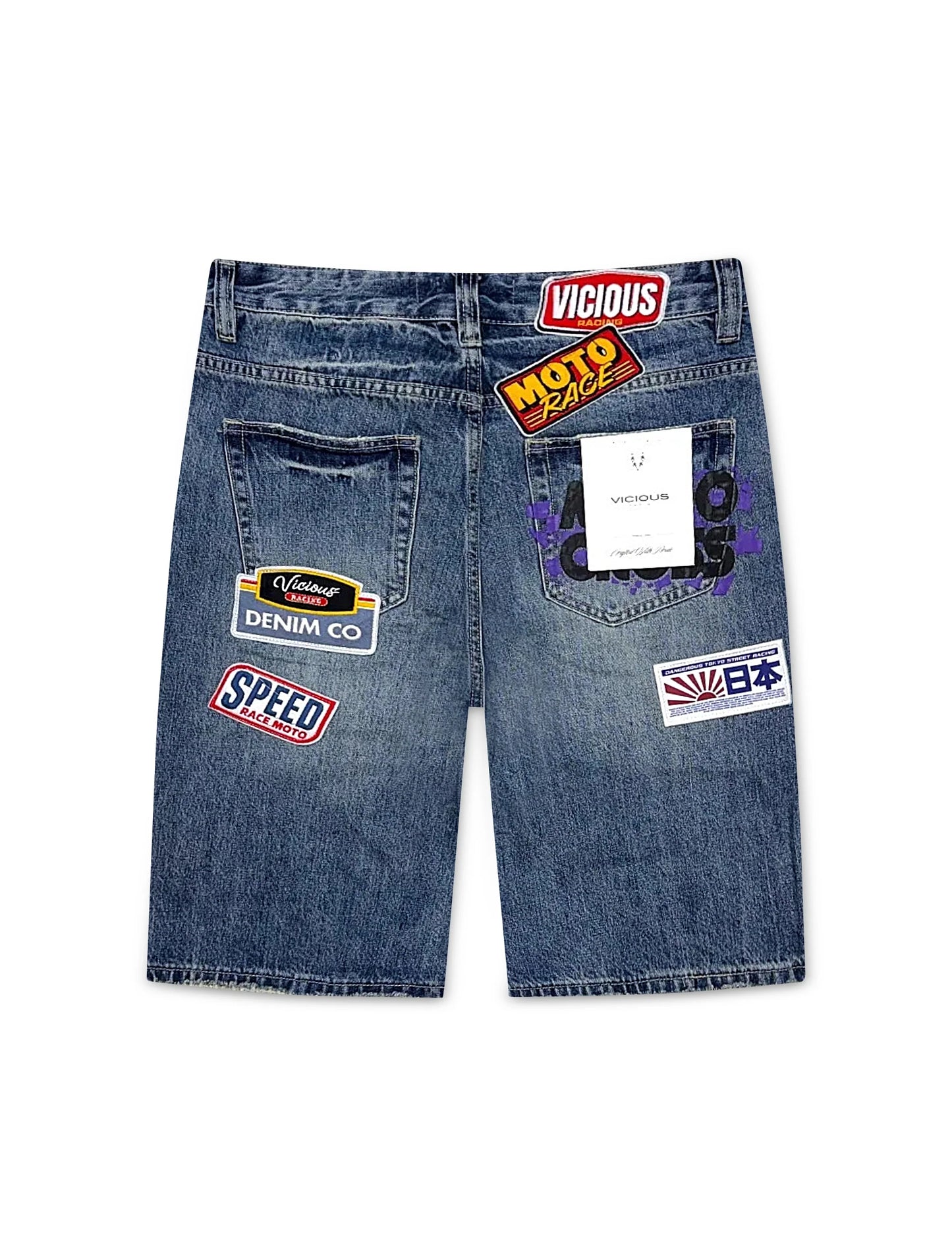 Vicious Denim Patch Shorts - Dark Indigo Blue