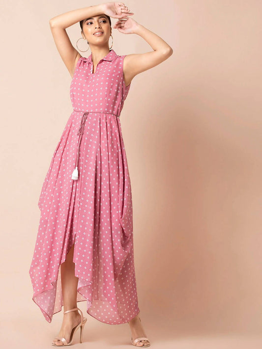 Indya Pink & White Bandhani Printed Maxi Dress
