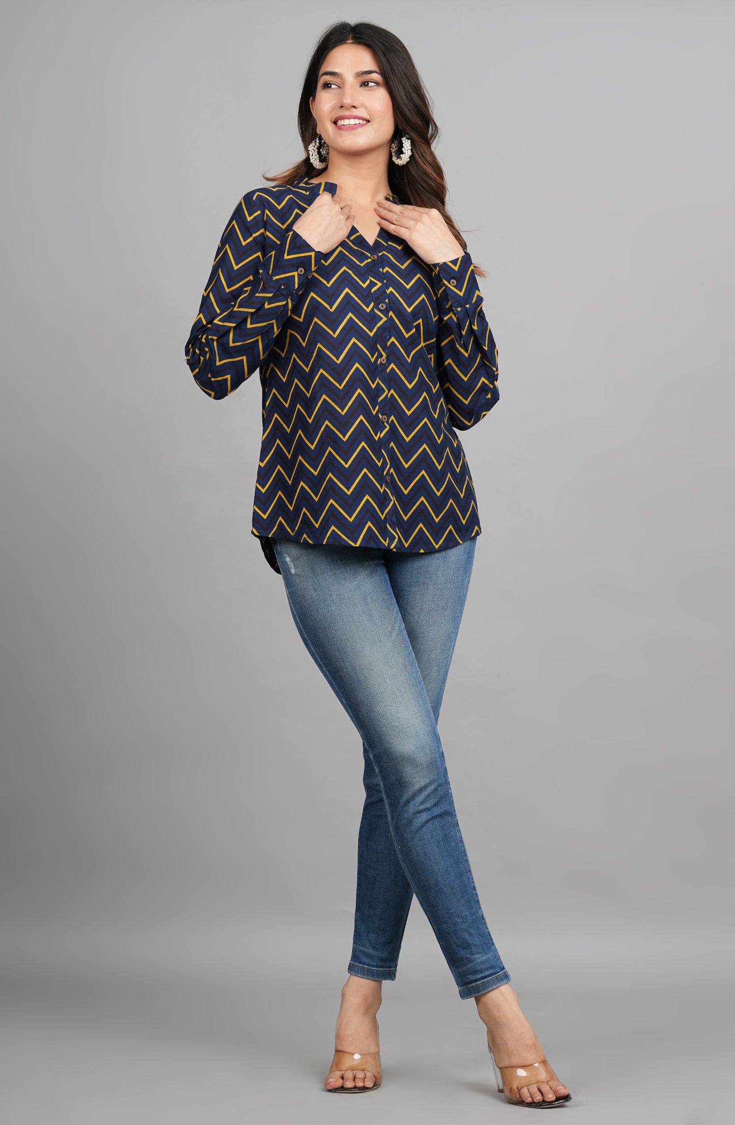 House of RP Women Cotton Dark Blue Print Casual Shirt