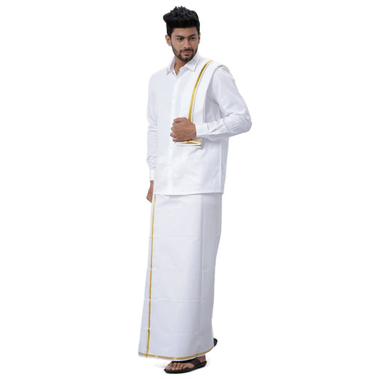 Ramraj Cotton Mens Wedding Set White Regular Dhoti, Shirt & Towel