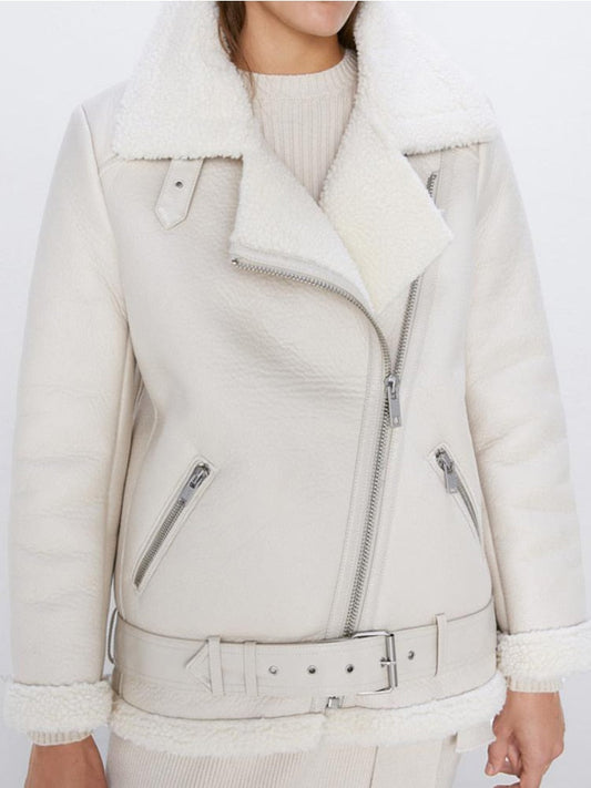 Faux Lamb Leather Jacket Pu Moto Zipper Jacket Warm Thick Outerwear