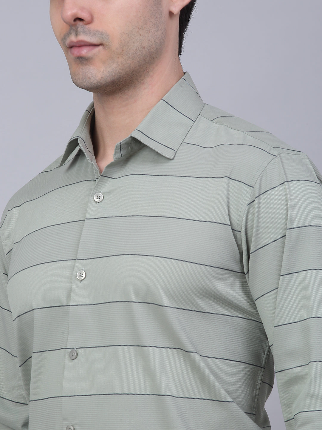 Jainish Men's Pista Green Horizontal Striped Formal Shirt