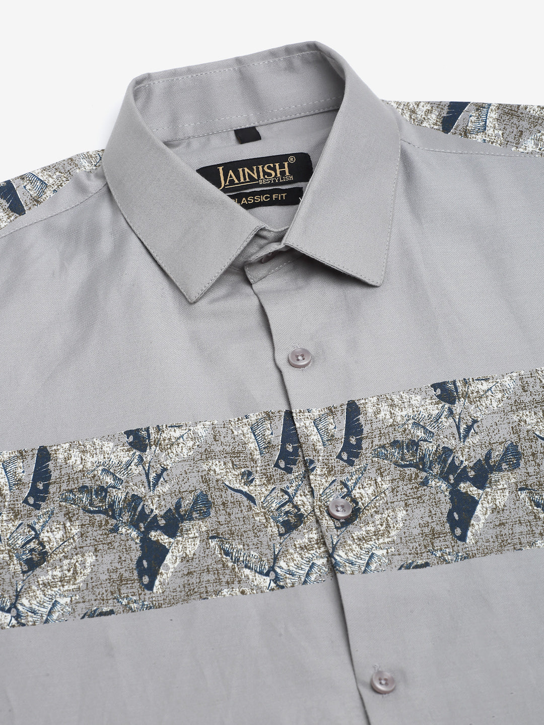 Jainish Men's Cotton Lycra Printed Formal Shirts - Steel-Grey