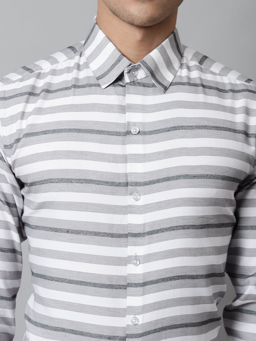 Jainish Men's Grey Classic Horizontal Striped Formal Shirt