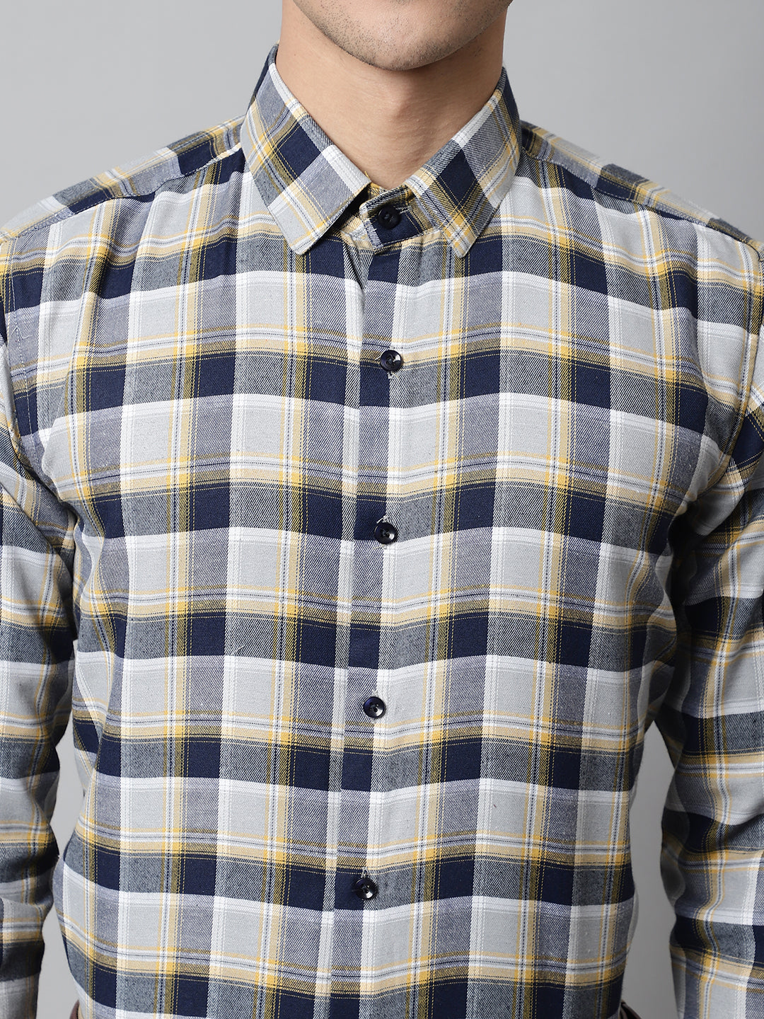 Jainish Men's Navy Blue and Grey Checks Regular Fit Cotton Formal Shirt