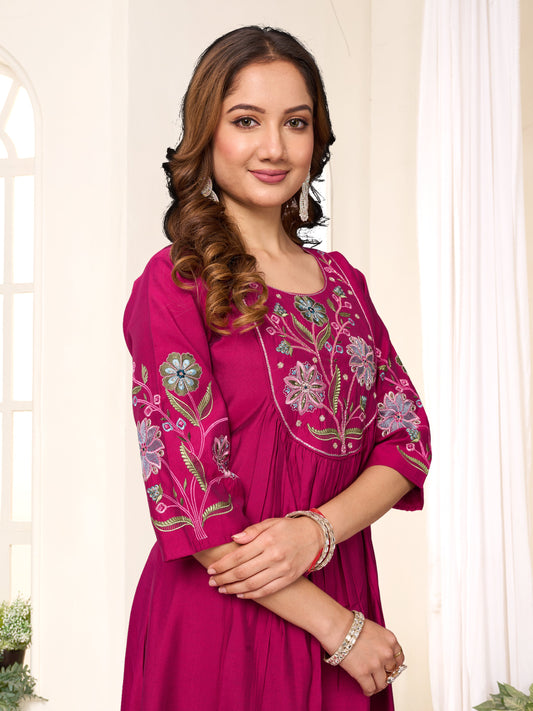 Sonakshi Women's Pink Viscose Roman Silk With Multi Thread Embroidered With Hand Work Anarkali Gown Set With Dupatta