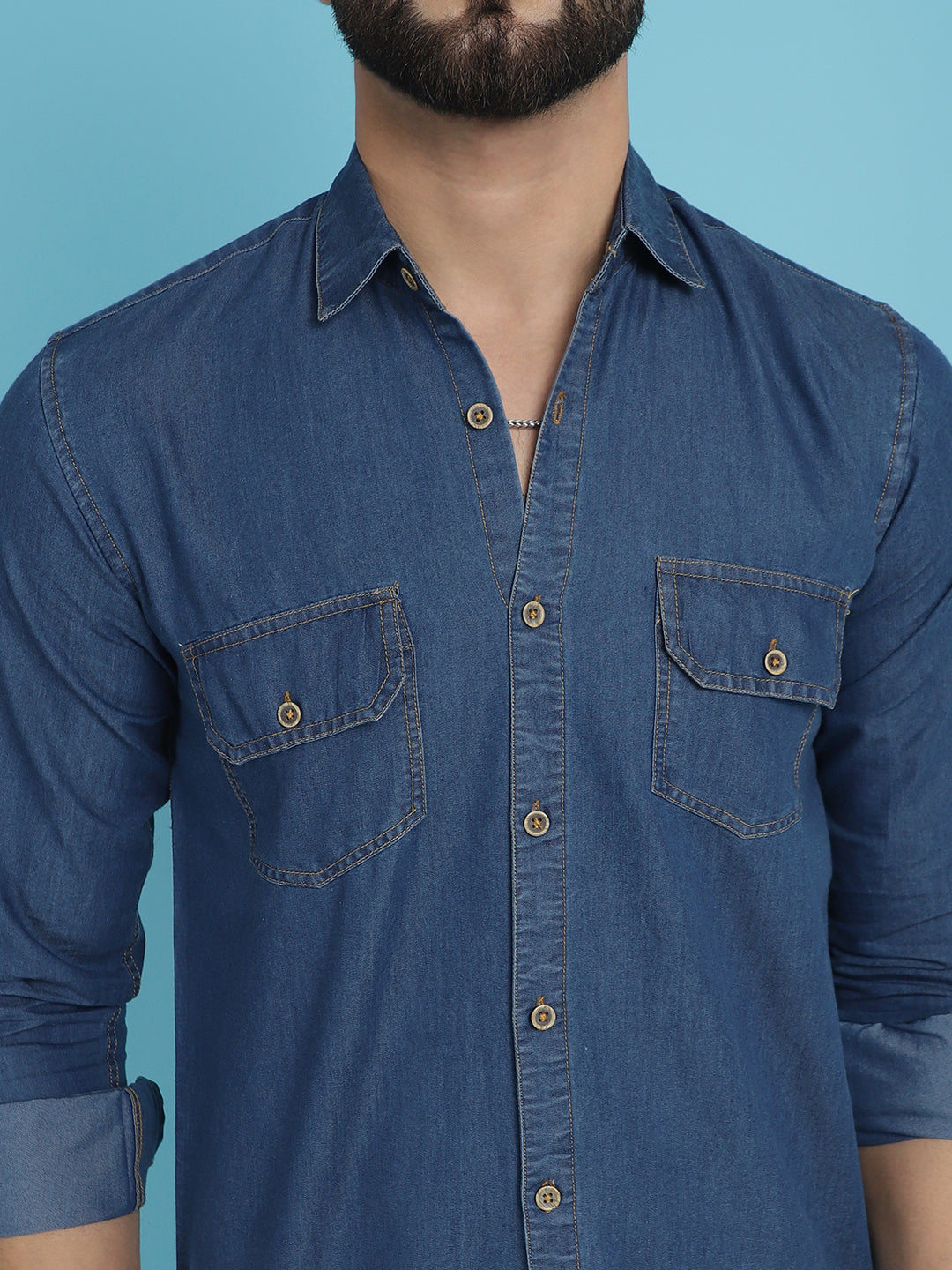 Indian Needle Men's Faded Cotton Denim Casual Shirt - Blue