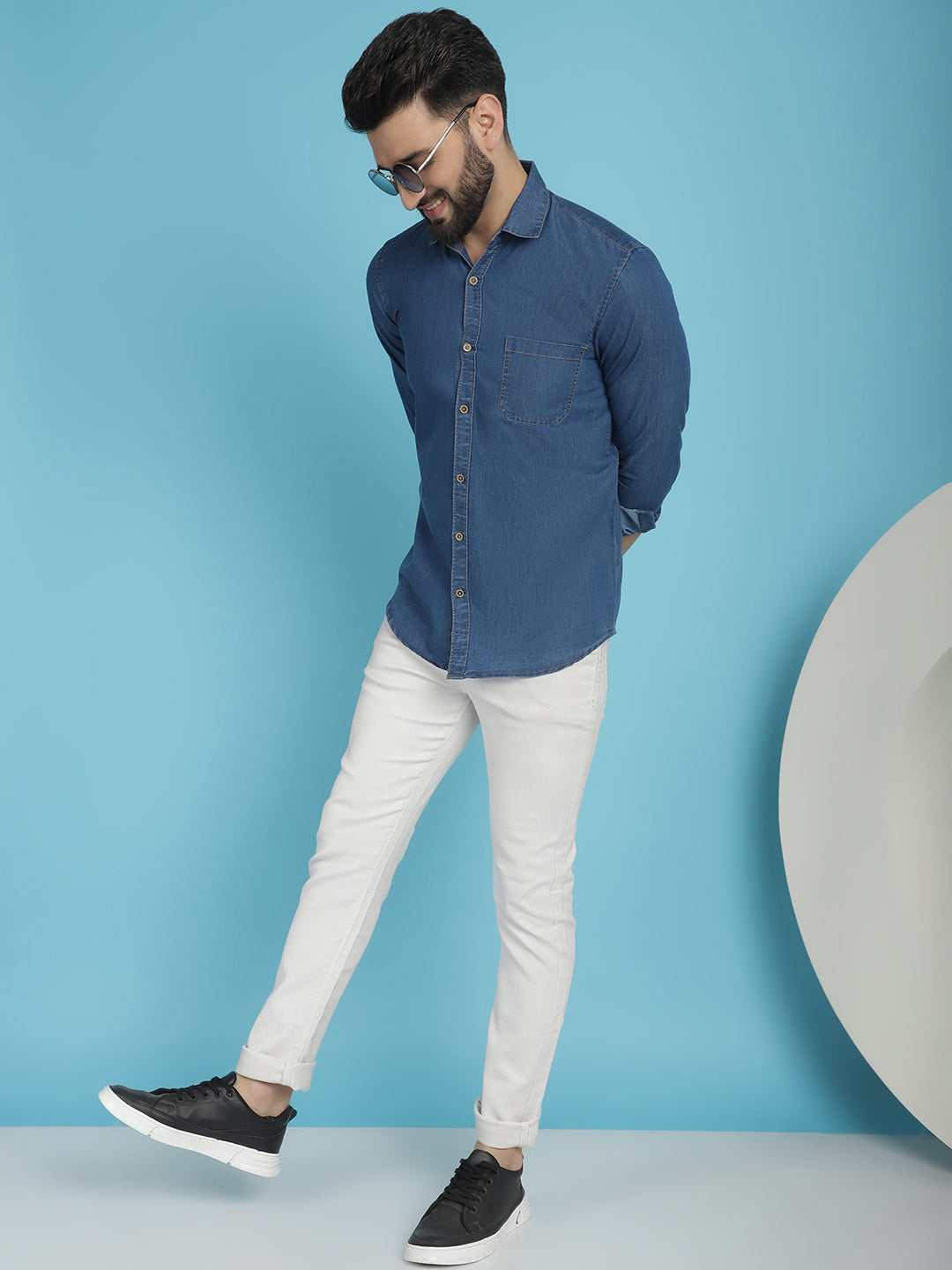 Indian Needle Men's Faded Cotton Denim Casual Shirt - Blue