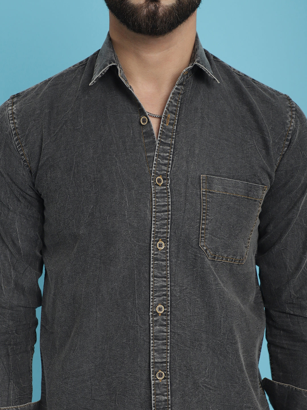Indian Needle Men's Faded Cotton Denim Casual Shirt - Charcoal