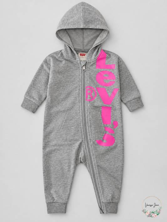 Levis Baby Girls Hooded Logo-Print French Terry Coverall, 3Mo/Gray
