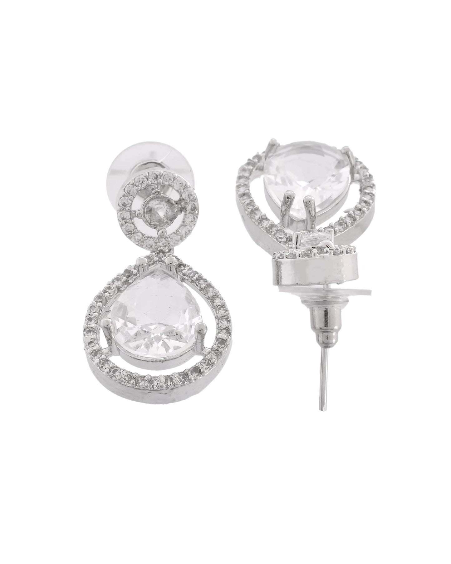 VOJ Silver Plated Stone Studded Teardrop Shaped Earrings