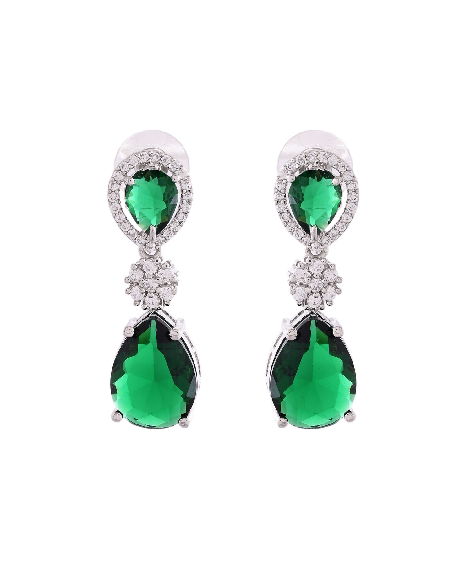 VOJ Silver Plated Green Stone Studded Floral Shaped Studs Earrings