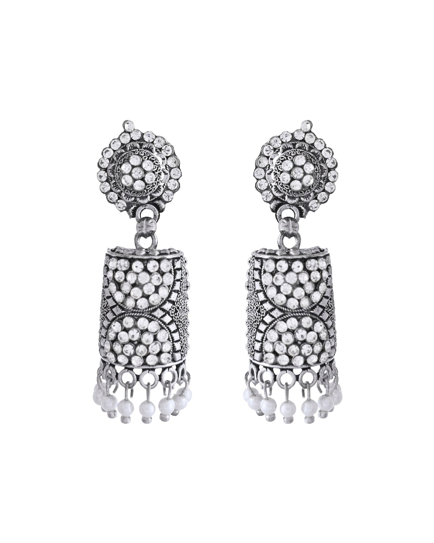VOJ Silver Toned Stone Studded Jhumka Earrings