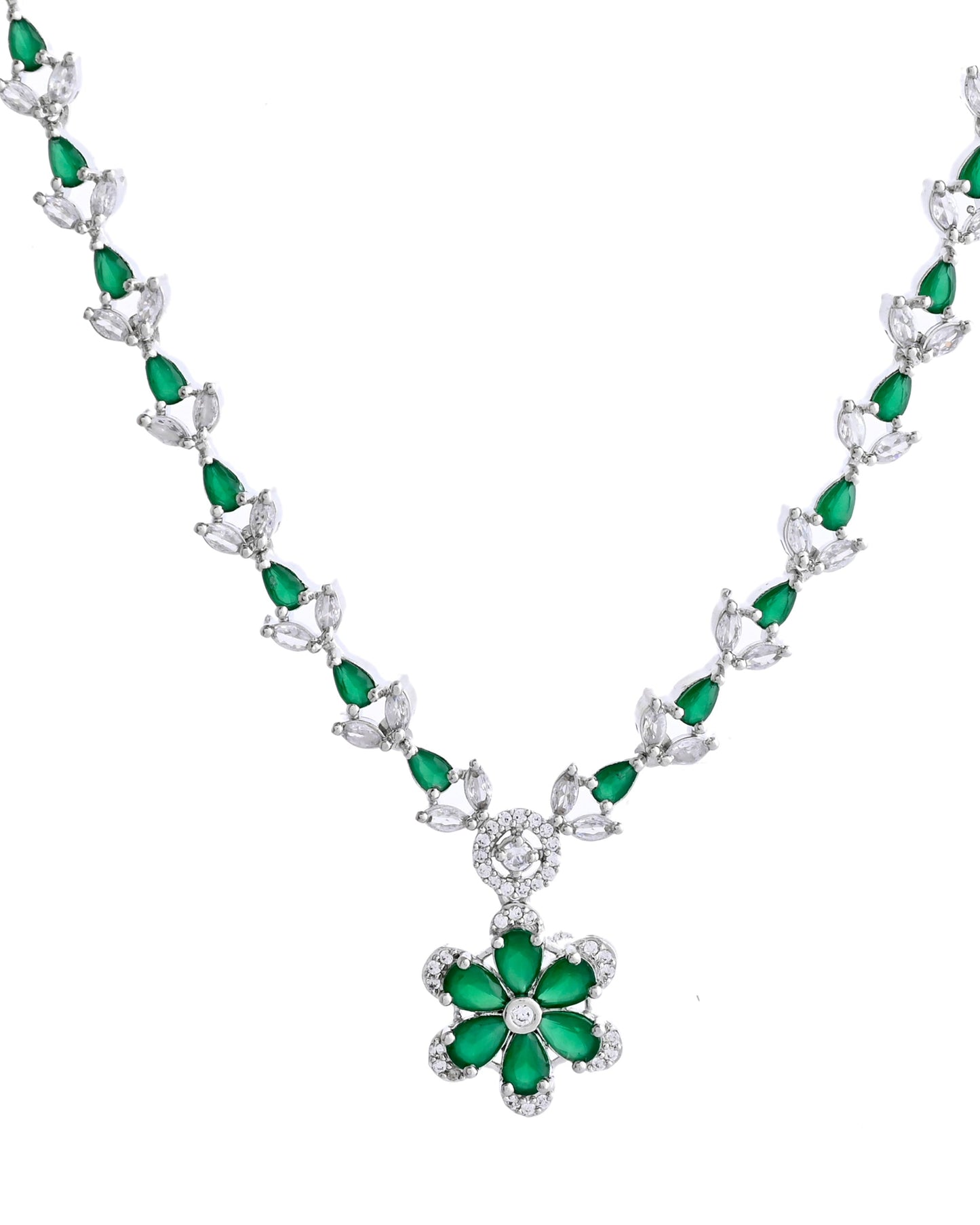VOJ Silver Plated Green Stone Floral AD Jewellery Set