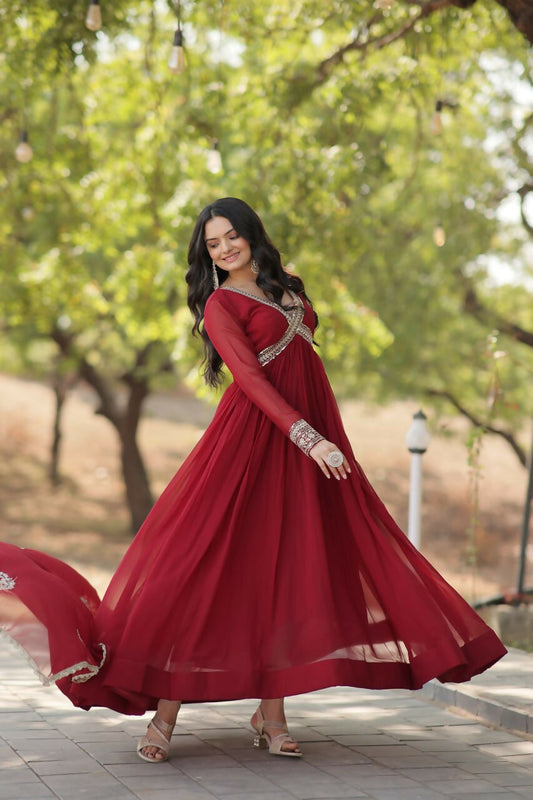 Vastranavya Faux Blooming with Embroidery Zari Sequins-work Gown with Dupatta - Maroon