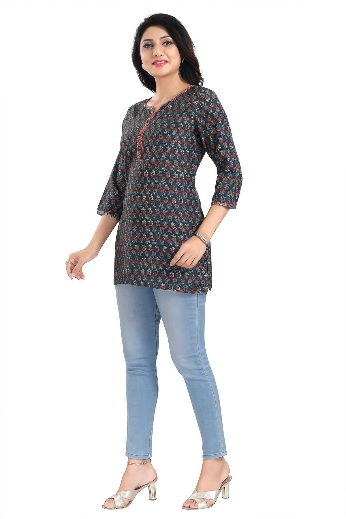 Snehal Creations Novel Navy Blue Rayon Short Kurti Tunic Top