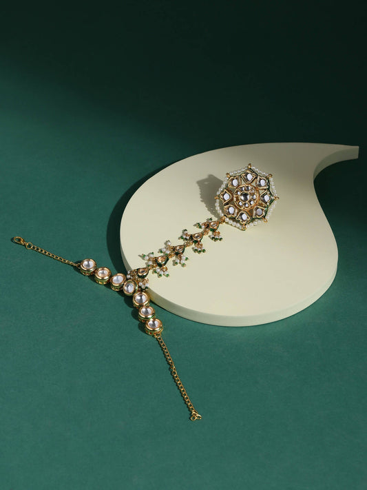 Women's Gold-Toned White Brass Kundan Gold-Polished Link Bracelet - Ruby Raang