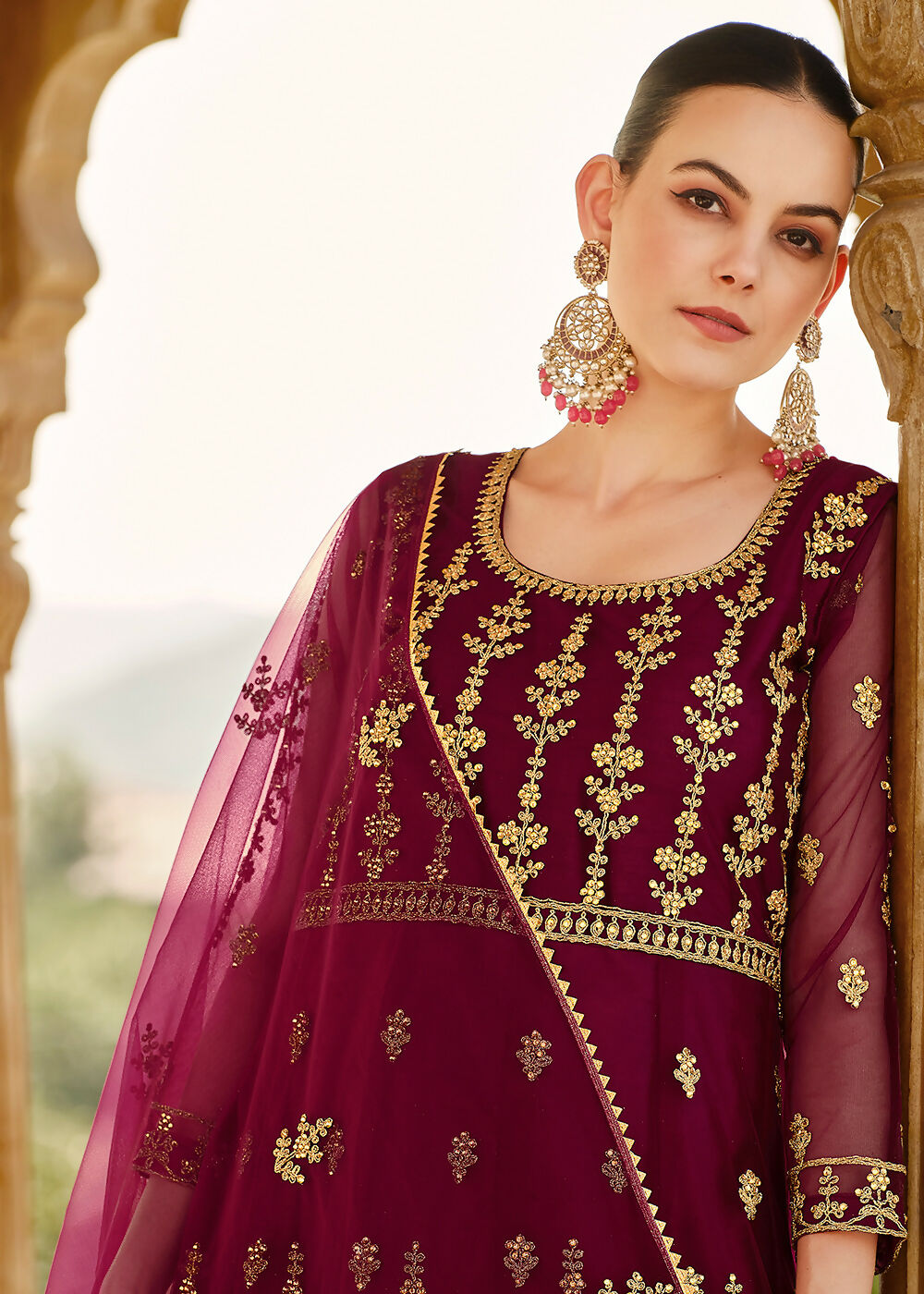 Heavy Stone Embroidered Wine Designer Anarkali Suit - Emponline
