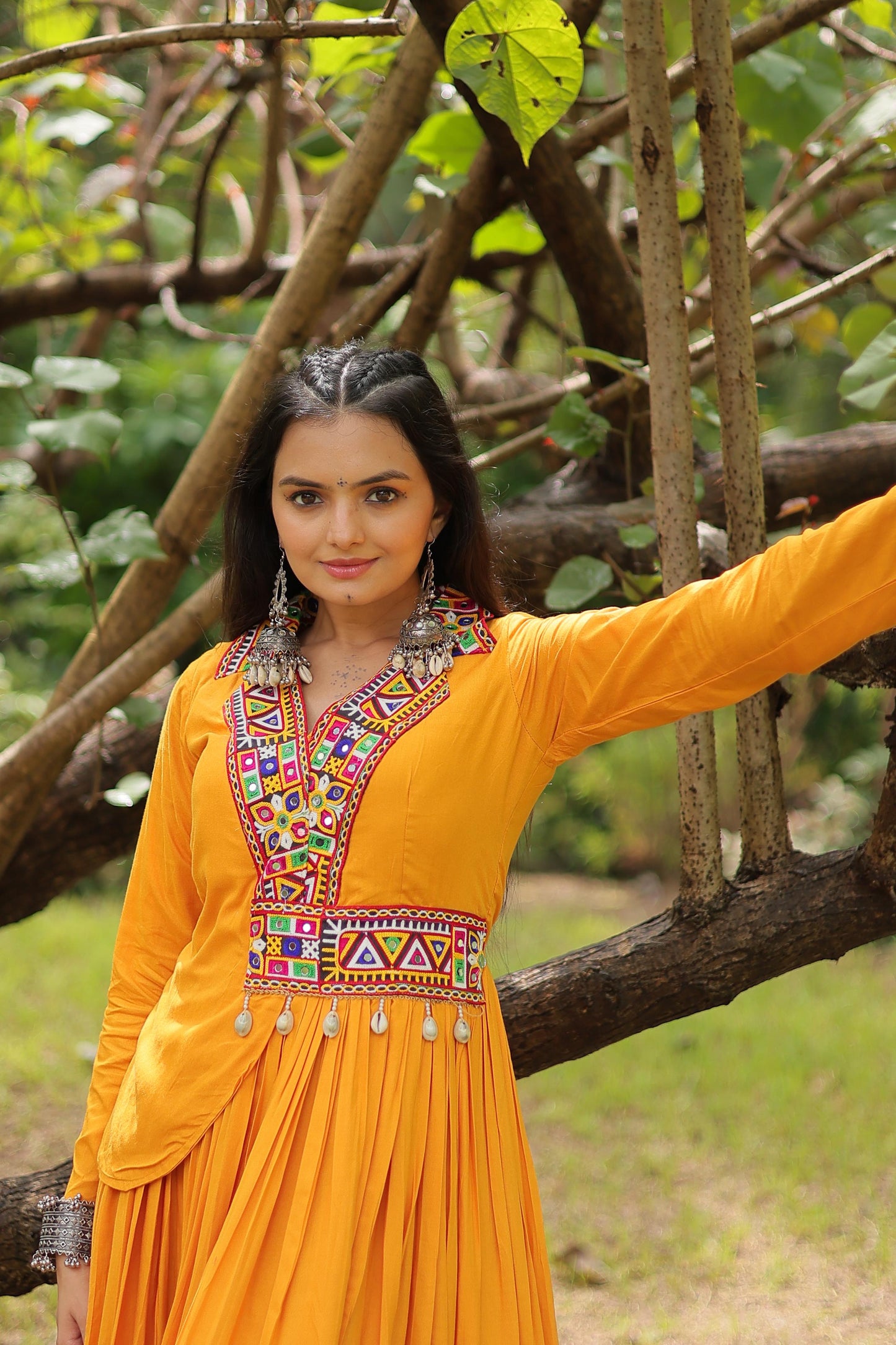 Lorenvalley Yellow Rayon Fabric With Kutchi Gamthi Work Gown